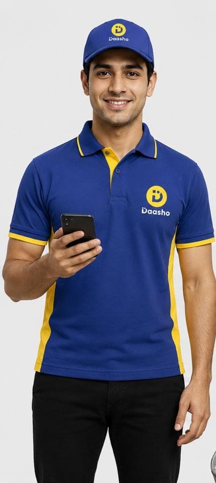Daasho delivery partner in the blue and yellow Daasho polo and cap